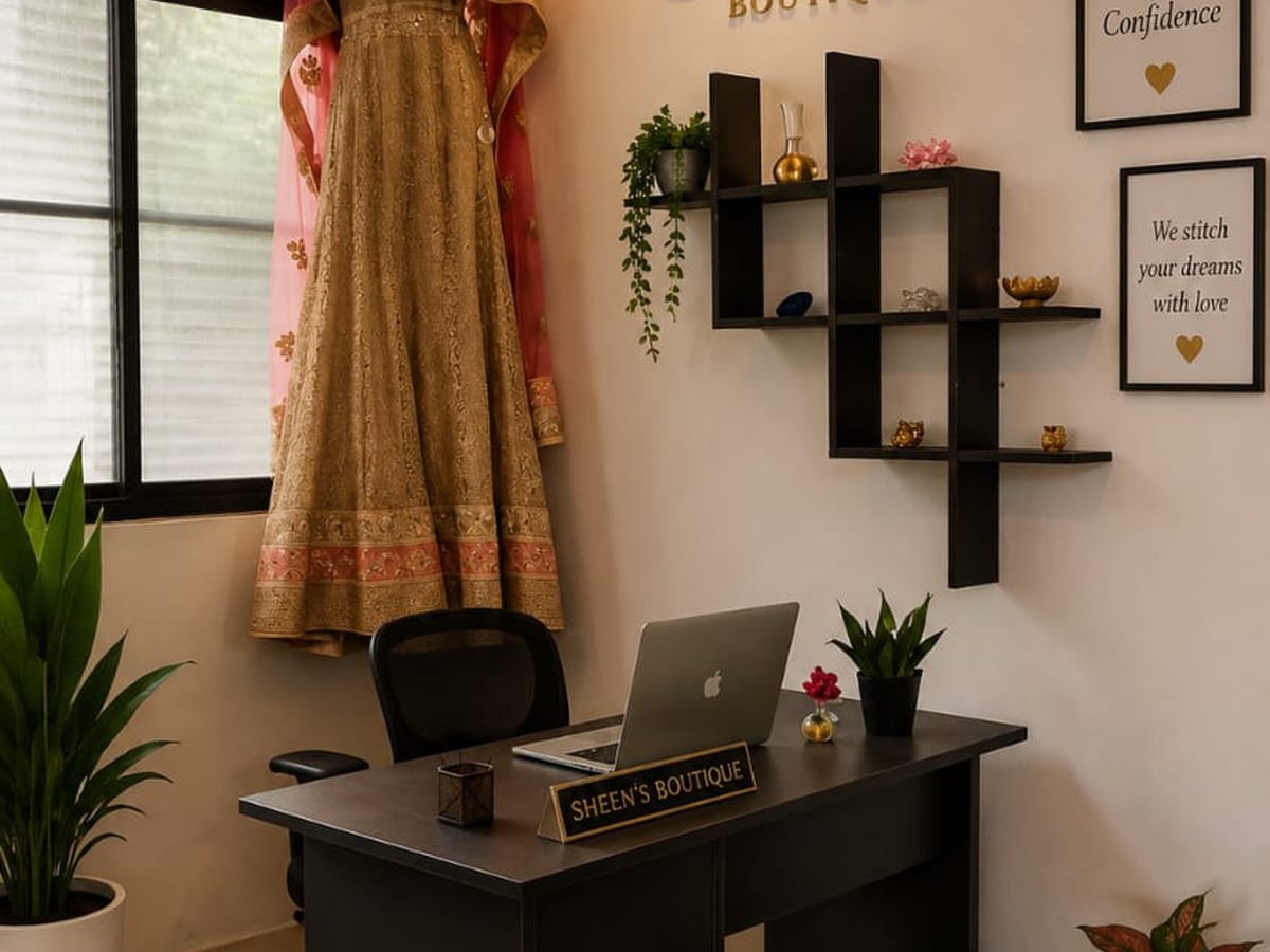 Consultation desk with a bridal lehenga on display