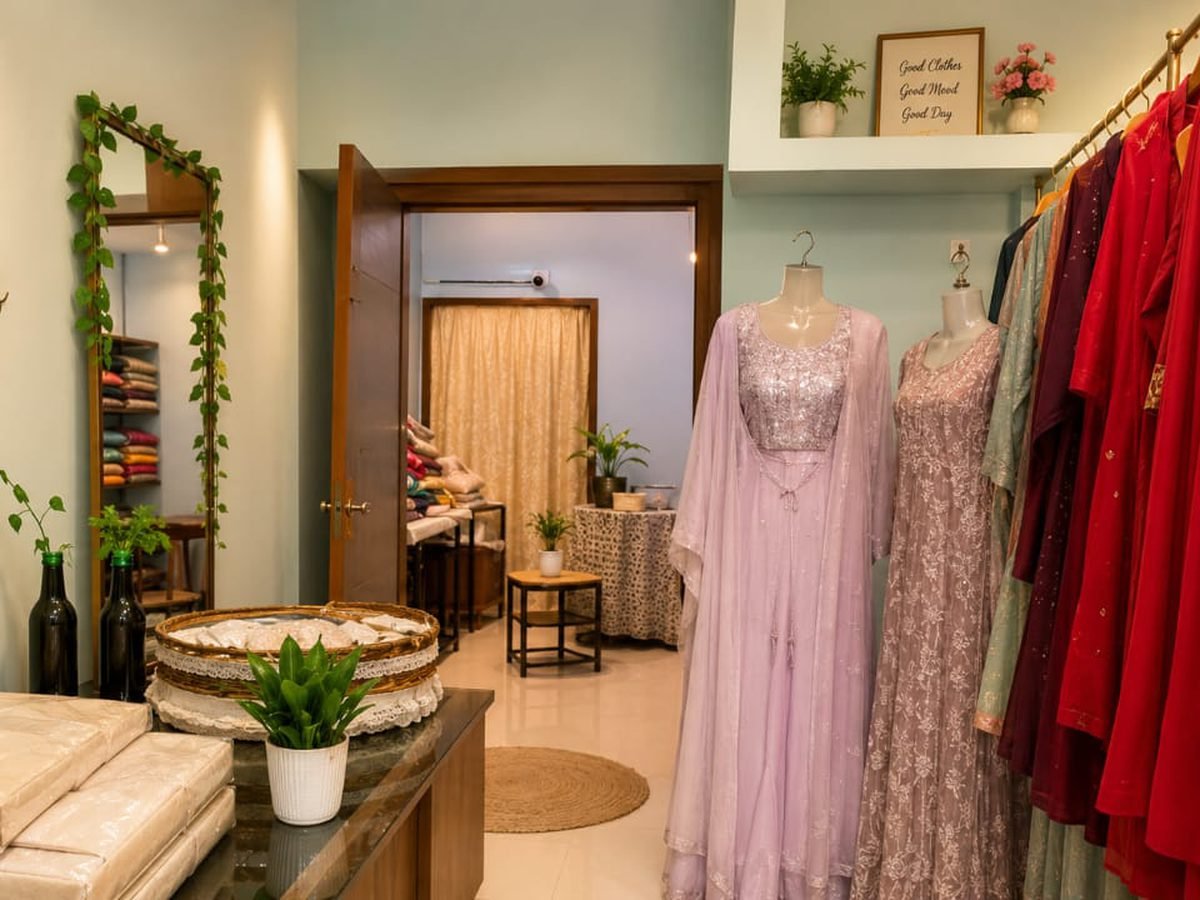 Showroom display of bridal and party wear at Sheen's Boutique
