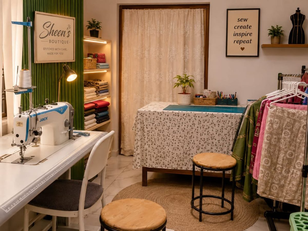 Tailoring studio with sewing machine, fabric shelves and cutting table